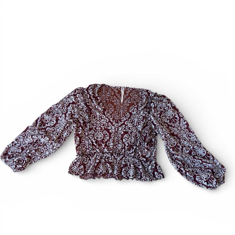 By Anthropologie Burgundy Jacquard Floral Peasant Blouse Smocked Waist Size L - Picture 2 of 9